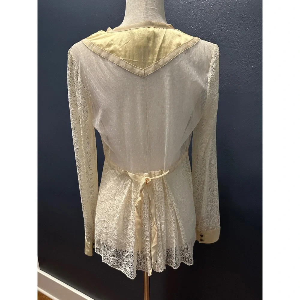 Sundance Lace Satin Lady Jane Blouse Sz 8 Cream Gold Romantic Mesh Peplum Top - Picture 3 of 14